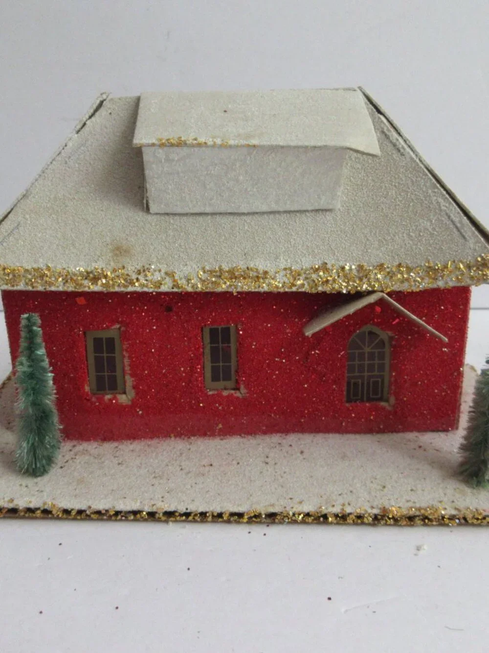 3 Putz Japan Cardboard Christmas Village Red Houses Church, Bottle Brush Trees